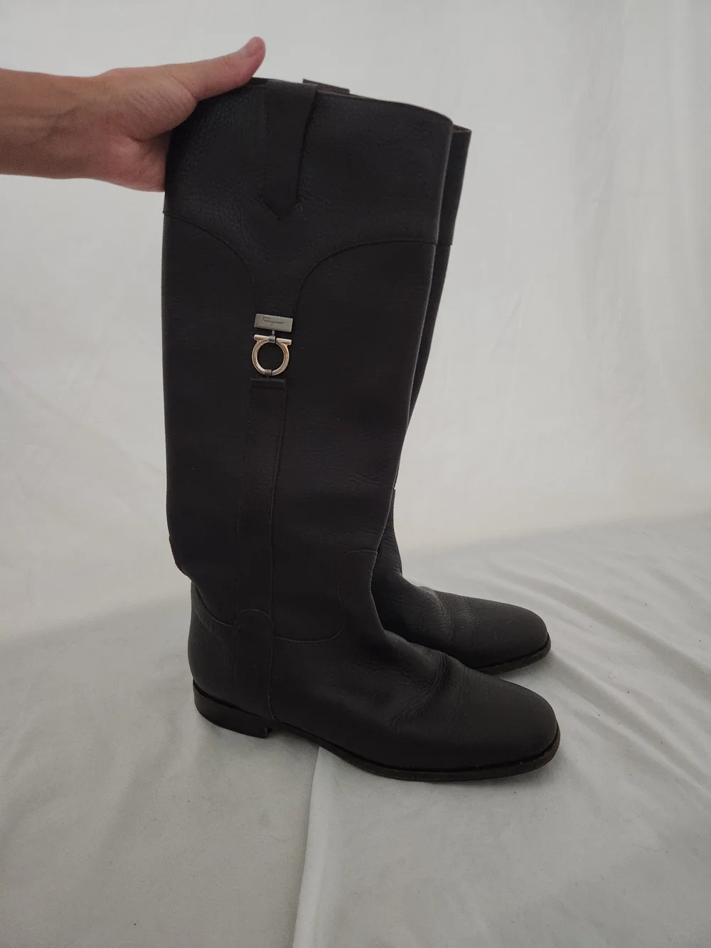 Salvatore Ferragamo Black Leather Over-the-Knee Riding Boots with Gold Hardware